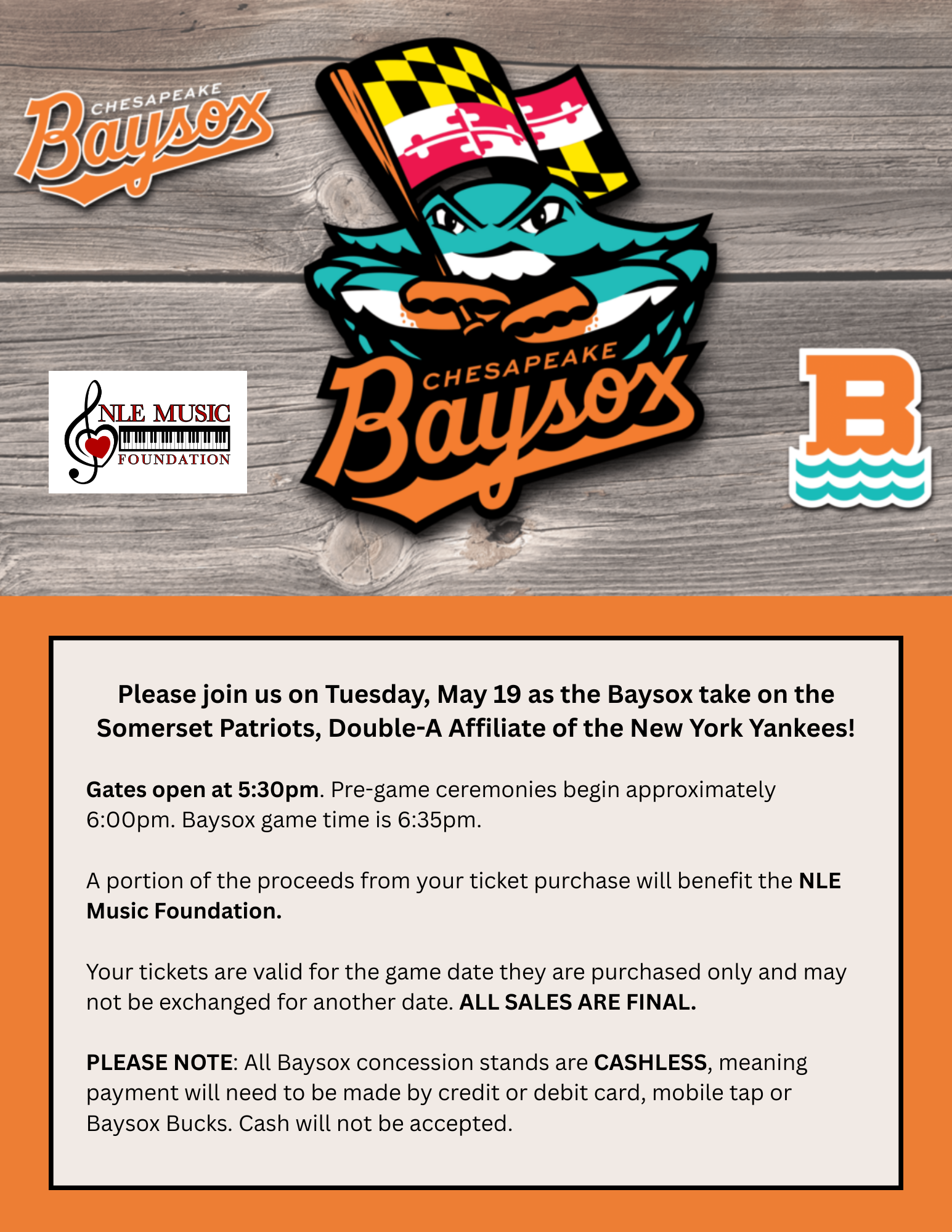 Promotional collage featuring the Baysox logo, a teal mascot with a flag, a Maryland-style flag pattern, and sponsor logos on a wooden background, advertising a baseball event.