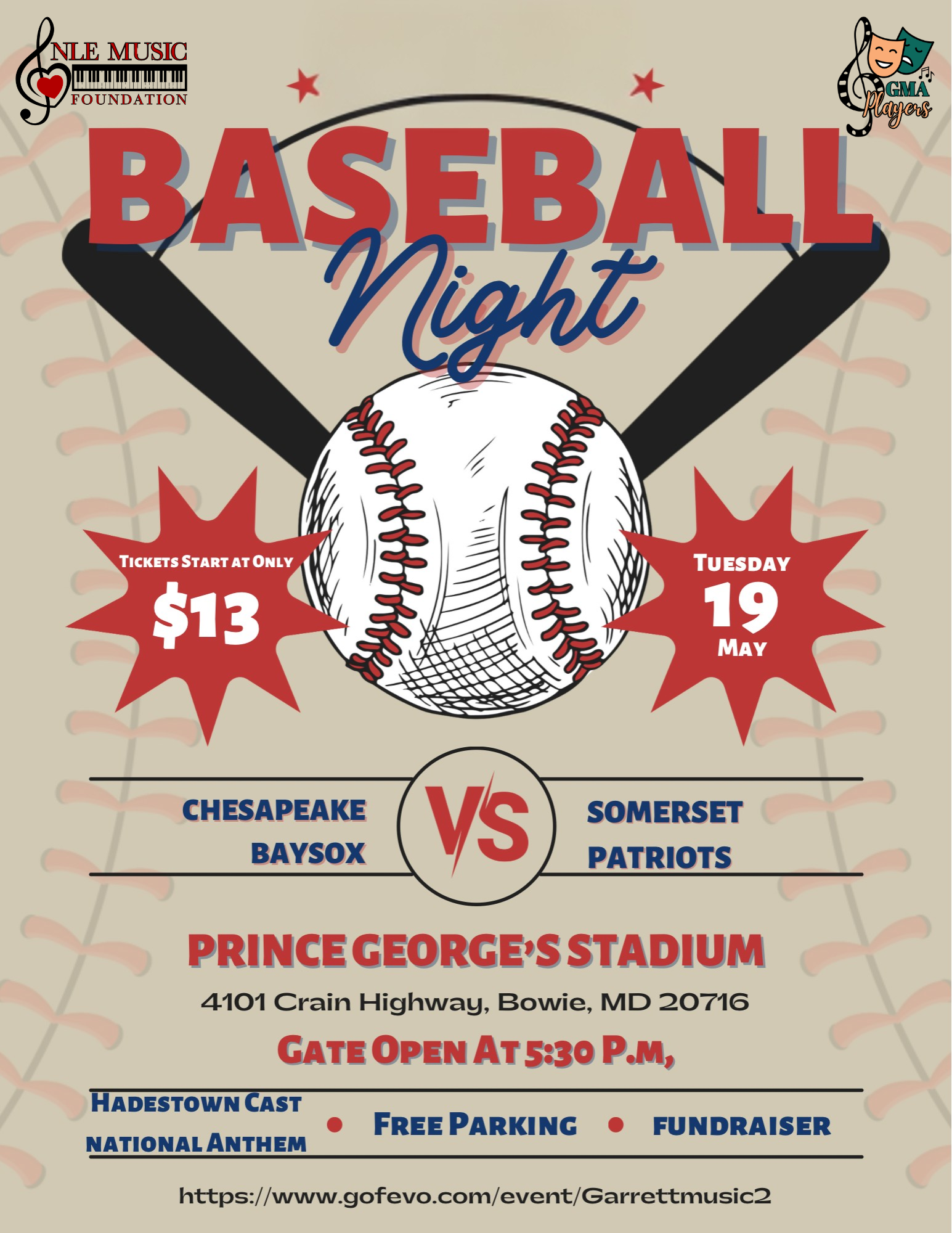 Baseball Night poster with crossed bats behind a baseball and bold 'BASEBALL' text and event details at Prince George’s Stadium.